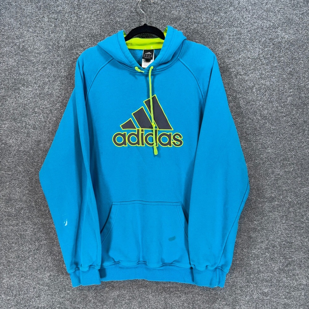 Adidas Hoodie Men XL Blue Neon Green Logo Pullover Sweatshirt Fleece Activewear